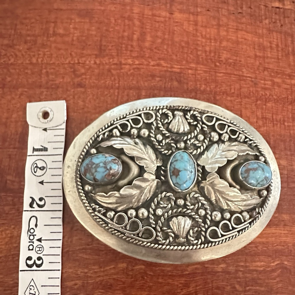 Alpaca Mexico Turquoise Belt Buckle Unisex Silver Blue Floral Leaf Shell - Picture 3 of 7
